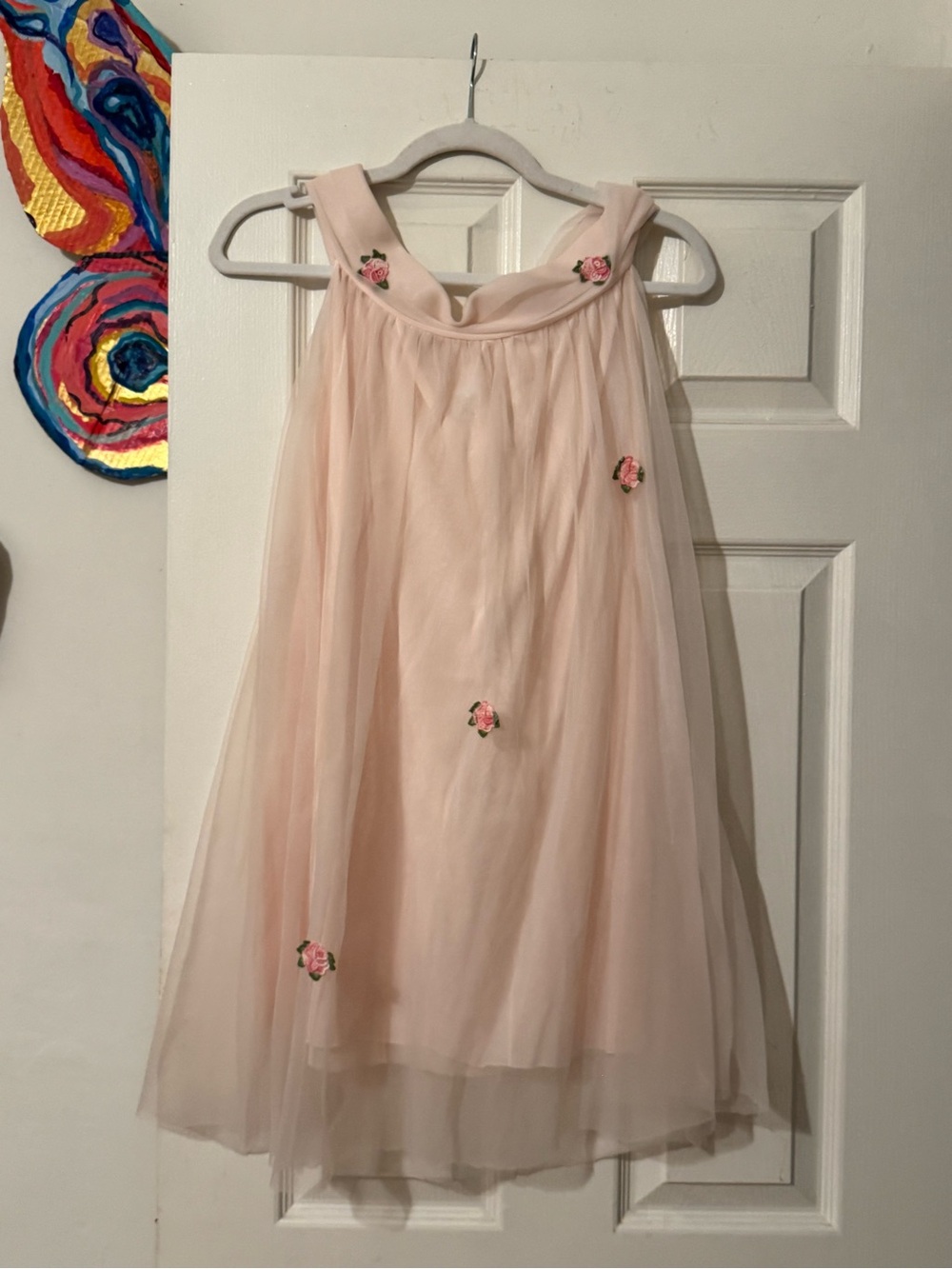 Vintage pink rose embroidered Chiffon layered Nightgown mini babydoll slip dress